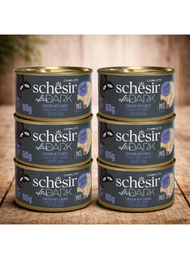 شيسر شيزر (Schesir) "أفتر دارك" طعام رطب للقطط البالغة – باتيه (معجون) الدجاج مع البط – تركيبة غنية بالبروتين وخالية من الحبوب – 480 جم (6 قطع × 80 جم) - Image 1